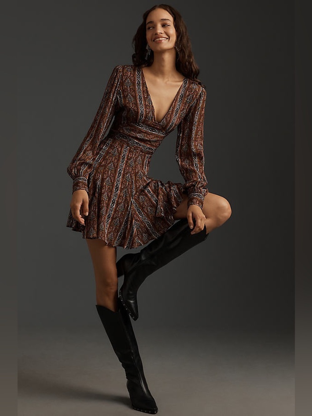 NEW Paige Bucatini Mini Silk Dress in Brown Multi Size 2